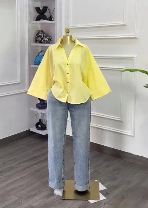 Woman Blouse 2025 Spring Autumn New Fashion Turn-Down Collar Long Sleeve Loose Fit Casual Solid Color Versatile Shirt Top