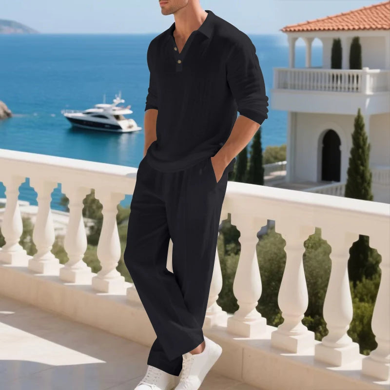 Men's Clothing Set Linen Two-Piece Set: Long-Sleeve Polo Shirt and Straight-Leg Pants Set, Casual Beach Sportswear