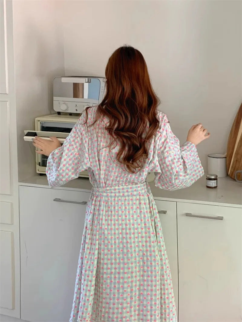bathrobe women's bathing love plaid loose long sleeve long kimono V-neck lace up trousers nightgown sexy robe women's girl