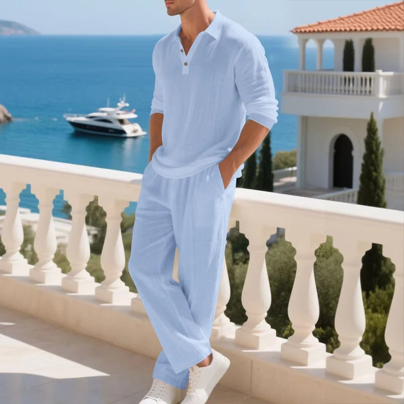 Men's Clothing Set Linen Two-Piece Set: Long-Sleeve Polo Shirt and Straight-Leg Pants Set, Casual Beach Sportswear
