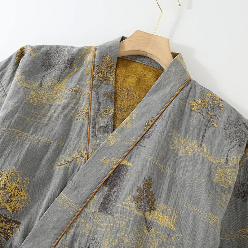 Men's Roomwear Cotton Kimono Pajamas Robes for Spring Jacquard Printed Home Clothing Medium Length Oversized Breathable Bathrobe