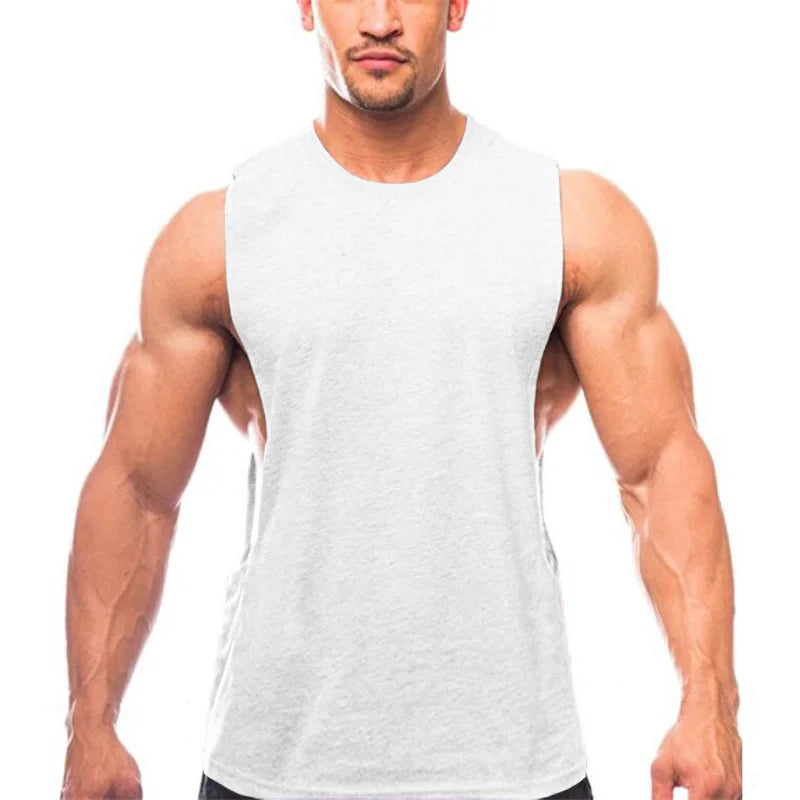 Mens Running Vests Cotton Side Cut Off Sleeveless T-Shirt Summer Sportswear Gym Tank Tops Bodybuilding Fitness Clothing