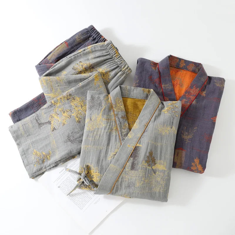 Men's Roomwear Cotton Kimono Pajamas Robes for Spring Jacquard Printed Home Clothing Medium Length Oversized Breathable Bathrobe