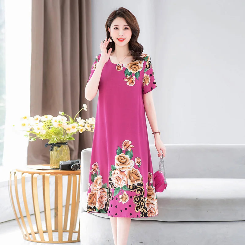 New Summer Home Clothing For Middle-aged Mothers Short Sleeve Sleepwear Dress Cotton Rayon Long Nightdress Women Nightgowns 5XL
