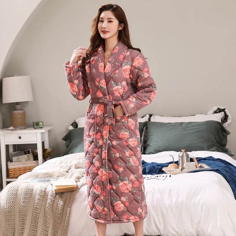 Peignoir Homme Women Robe Winter Warm Cotton Quilted Women's Bathrobe Nightgown Dressing Gown Sleepwear Female Home Clothing
