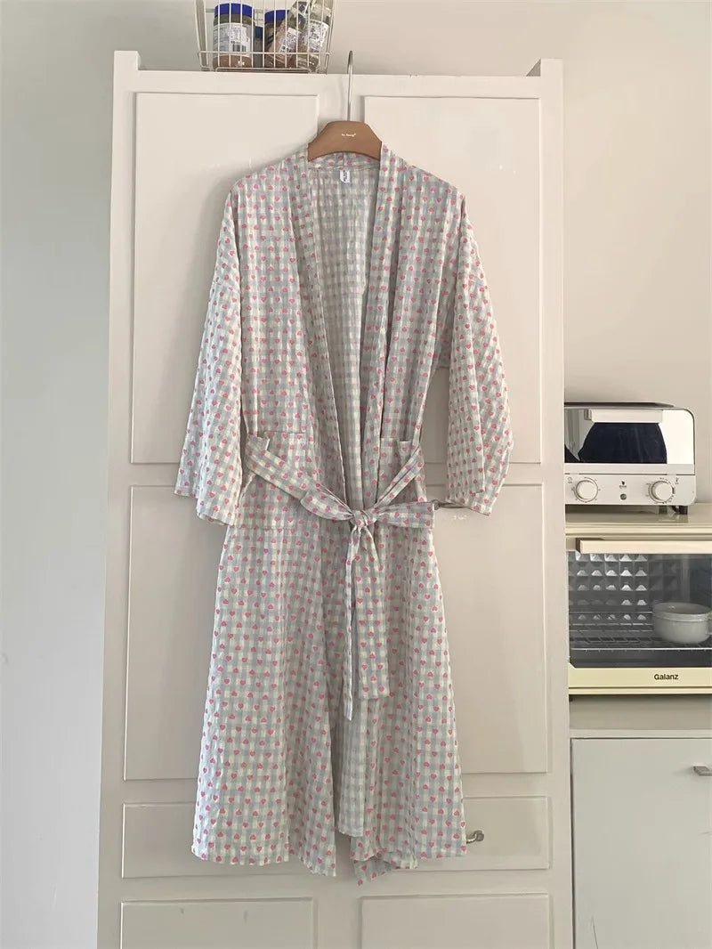 bathrobe women's bathing love plaid loose long sleeve long kimono V-neck lace up trousers nightgown sexy robe women's girl