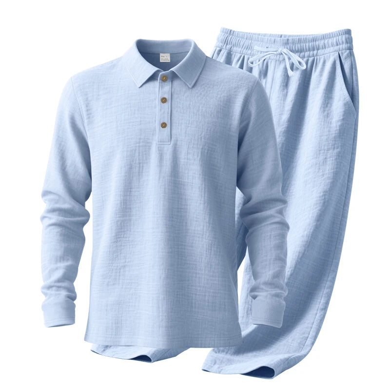 Men's Clothing Set Linen Two-Piece Set: Long-Sleeve Polo Shirt and Straight-Leg Pants Set, Casual Beach Sportswear