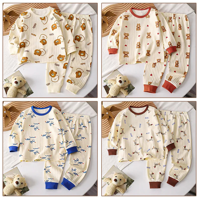 Kids Boys Girls Pure Cotton Warm Pajamas Cute Cartoon Long Sleeve T-Shirt + Pants Toddler Baby Autumn Underwear Clothing Sets