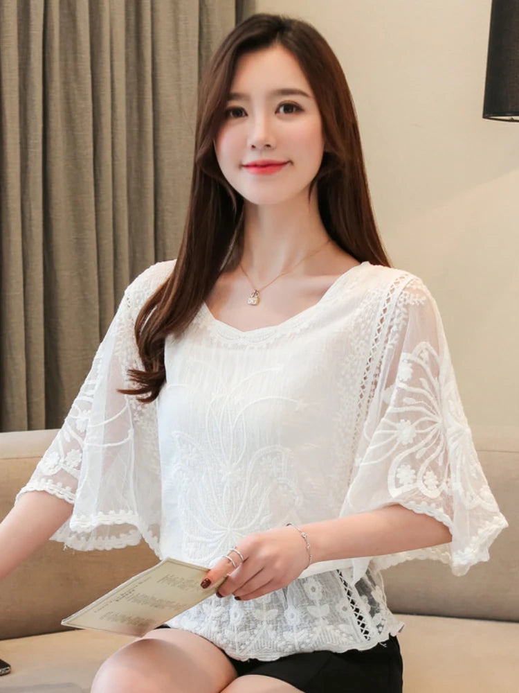 Women's Blouse Summer Fashion Elegant Women's Chiffon Shirt Hollow Out Three Quarter Shirts Butterfly Flower Lady Tops Clothing