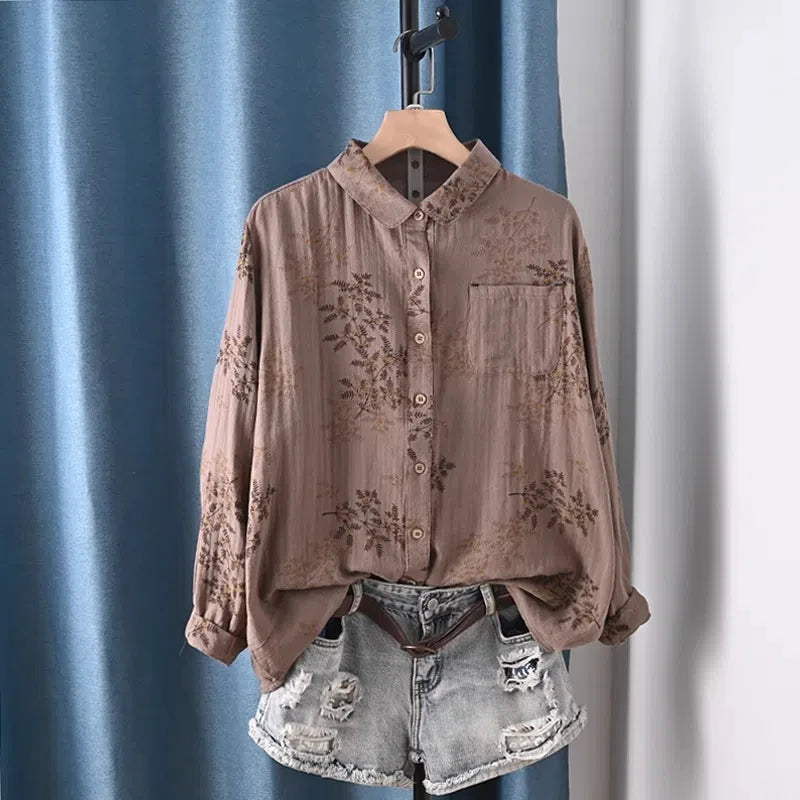 Middle Aged Women Clothing 100% Cotton Yarn Printed Shirts Long Sleeve Blouses for Women Spring Vintage Clothing