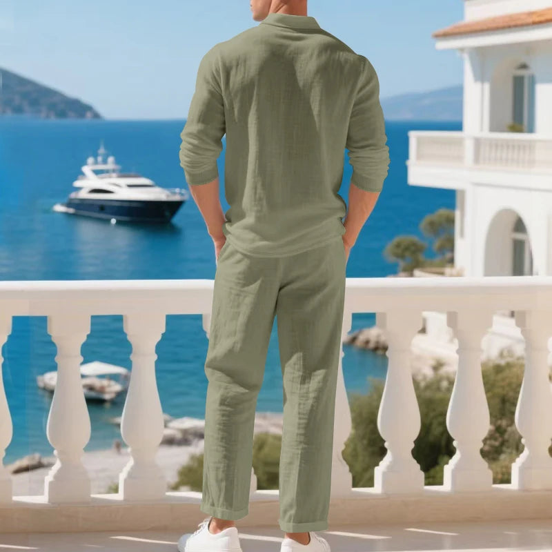 Men's Clothing Set Linen Two-Piece Set: Long-Sleeve Polo Shirt and Straight-Leg Pants Set, Casual Beach Sportswear