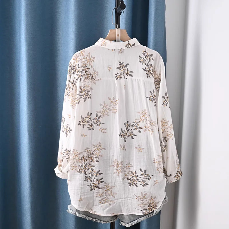Middle Aged Women Clothing 100% Cotton Yarn Printed Shirts Long Sleeve Blouses for Women Spring Vintage Clothing