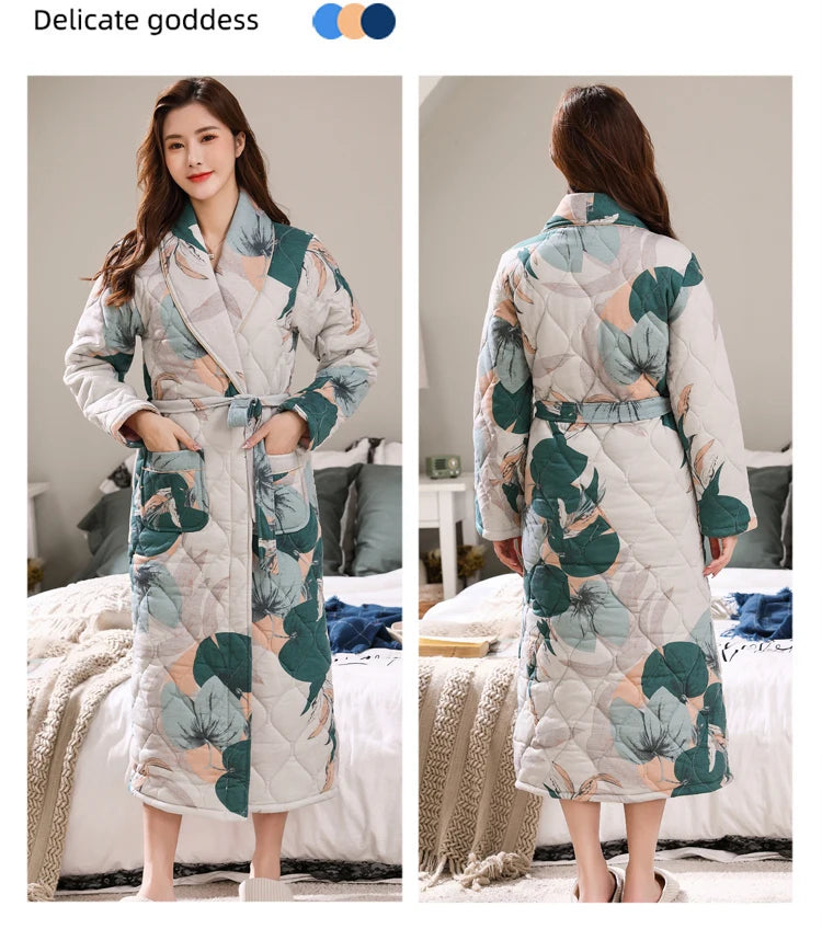 Peignoir Homme Women Robe Winter Warm Cotton Quilted Women's Bathrobe Nightgown Dressing Gown Sleepwear Female Home Clothing