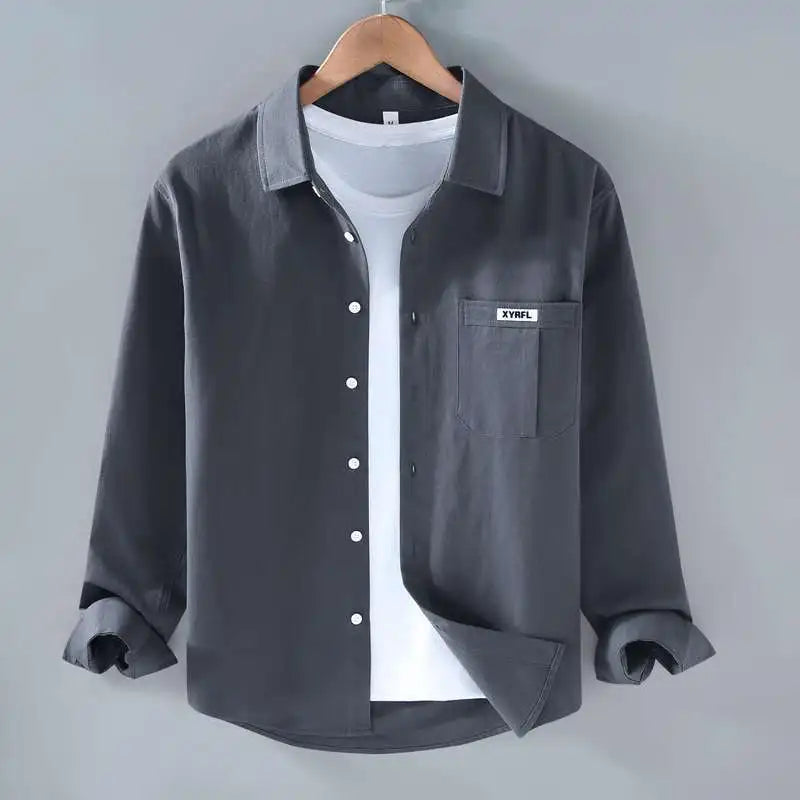 Men's Clothing Trend Simple Casual Pocket All Match Button Up Shirt Spring Autumn Solid Long Sleeve Loose Tops Camisas De Hombre