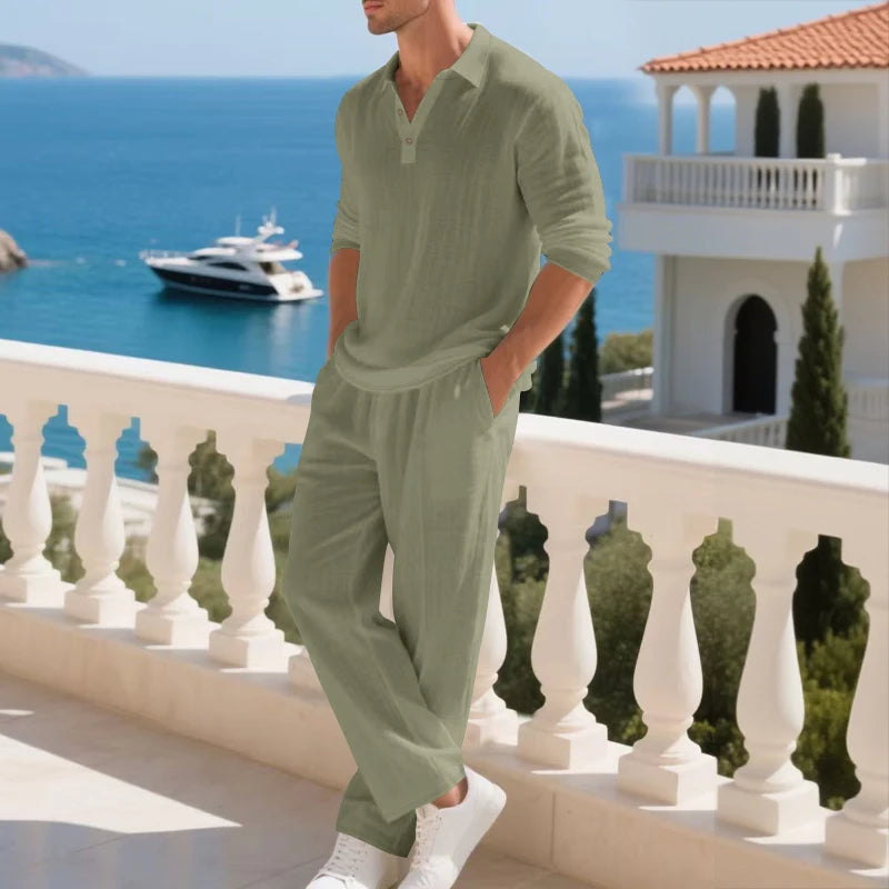 Men's Clothing Set Linen Two-Piece Set: Long-Sleeve Polo Shirt and Straight-Leg Pants Set, Casual Beach Sportswear