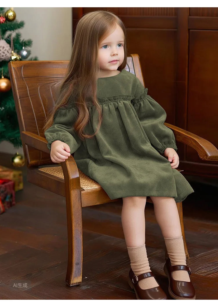 Children Clothing 2025 Autumn and Winter New Corduroy Long Sleeved Girls Baby Round Neck Lace Sleeves Cute Dress