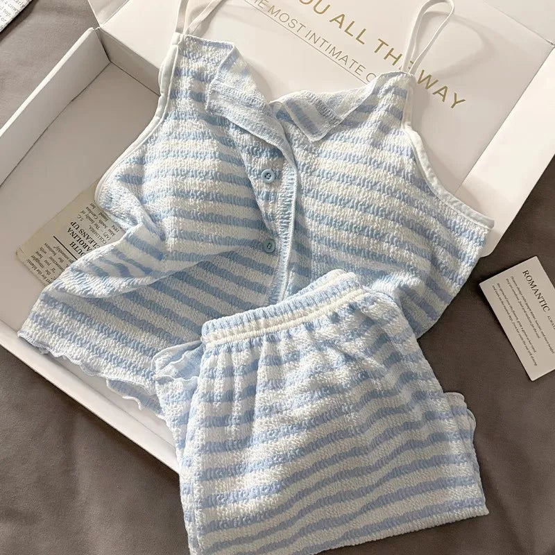 Summer new women's clothing with chest pads, striped suspenders, pajamas, girls, thin vests, shorts, loungewear, two-piece set,