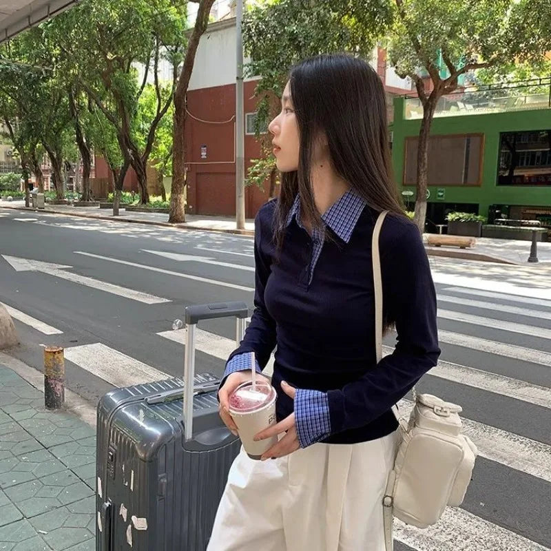 2026 Women Clothing Fake Two T Shirts Long Sleeve Tunic Camisetas Patchwork Plaid Fashion Tees Casual Korean Tshirt Ropa Mujer