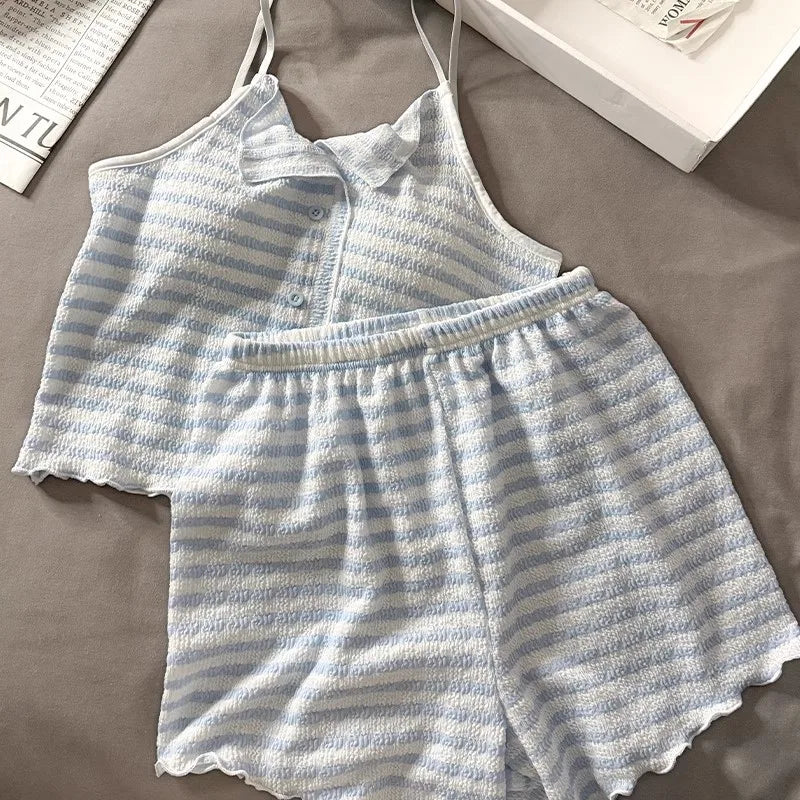 Summer new women's clothing with chest pads, striped suspenders, pajamas, girls, thin vests, shorts, loungewear, two-piece set,