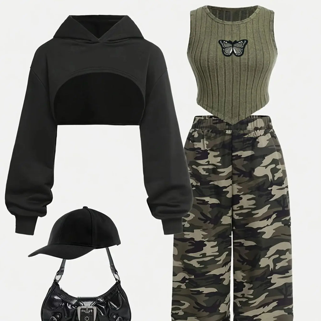 Children's Clothing: Girls' Short Hooded Sweatshirt & Fleece Ribbed Vest & Camouflage Sweatpants Three-Piece Set, Army Green Cool Girl Outfit