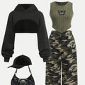 Children's Clothing: Girls' Short Hooded Sweatshirt & Fleece Ribbed Vest & Camouflage Sweatpants Three-Piece Set, Army Green Cool Girl Outfit