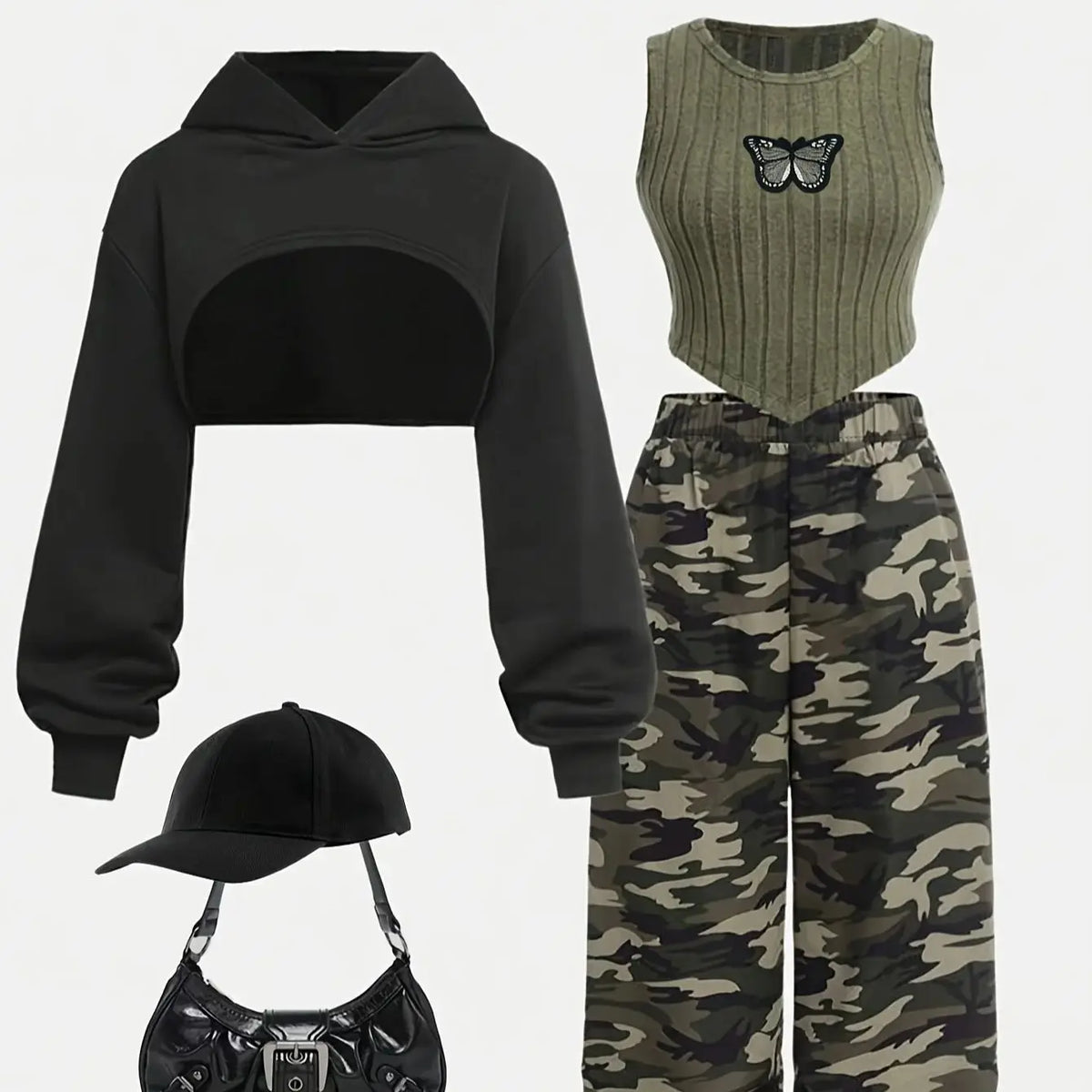 Children's Clothing: Girls' Short Hooded Sweatshirt & Fleece Ribbed Vest & Camouflage Sweatpants Three-Piece Set, Army Green Cool Girl Outfit