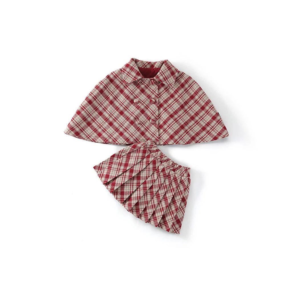 Fashion Children's Clothing Sets 2025 Autumn and Winter New Red Plaid Woolen Suit Girls' Thick Cloak Jacket+ Pleated Skirt