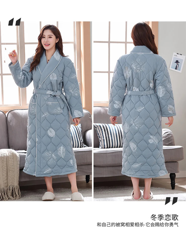 Peignoir Homme Women Robe Winter Warm Cotton Quilted Women's Bathrobe Nightgown Dressing Gown Sleepwear Female Home Clothing