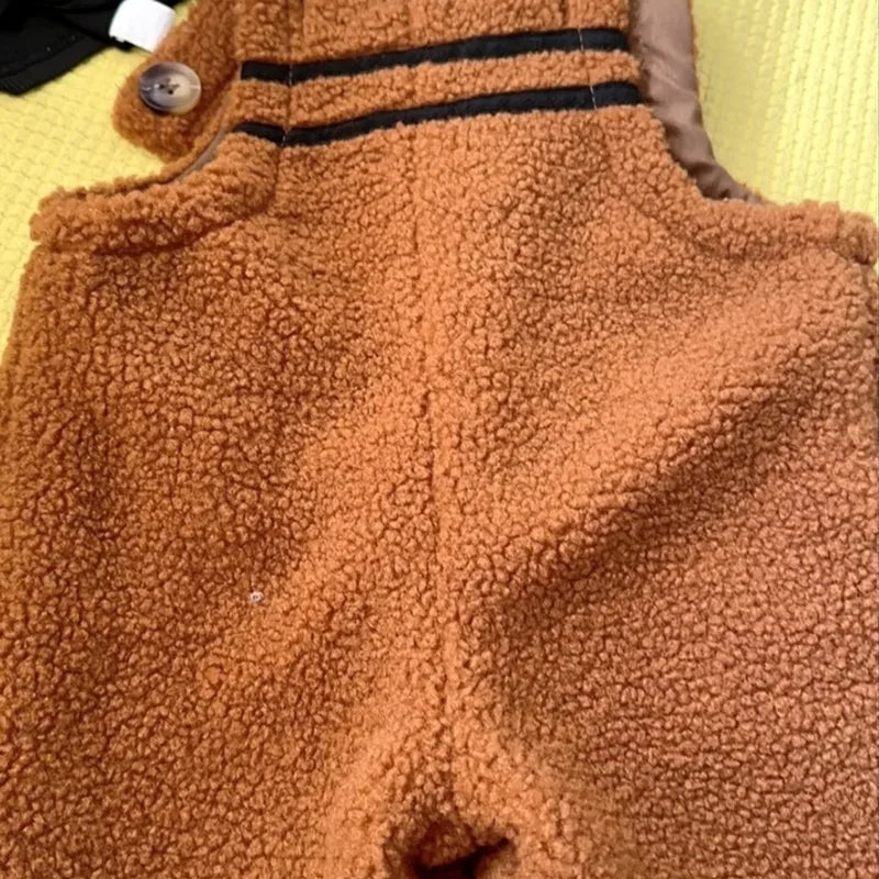 Korean Female Child Clothes Boys Infant Bottoms Children's Pants Girls Coffee Retro Lamb Wool Overalls Men's Baby Clothes 1-8 Y