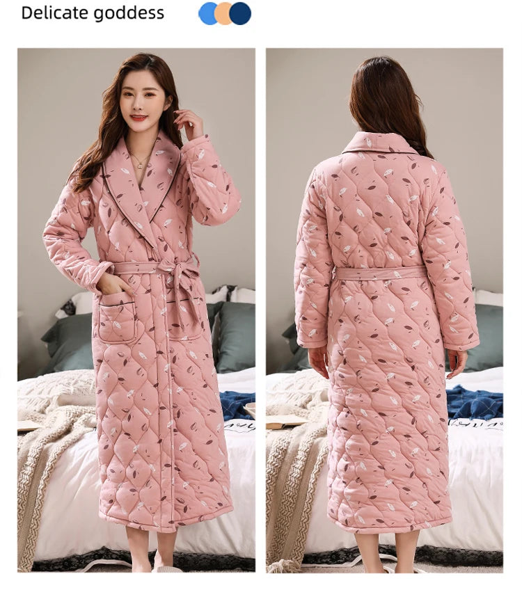 Peignoir Homme Women Robe Winter Warm Cotton Quilted Women's Bathrobe Nightgown Dressing Gown Sleepwear Female Home Clothing