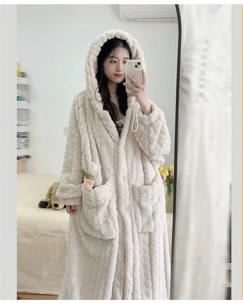 New 2026 Autumn Winter Women's Facecloth Robes Coral Velvet Long Section Cute Sweet Home Wear Lazy Sleeper Robe Pajamas Female