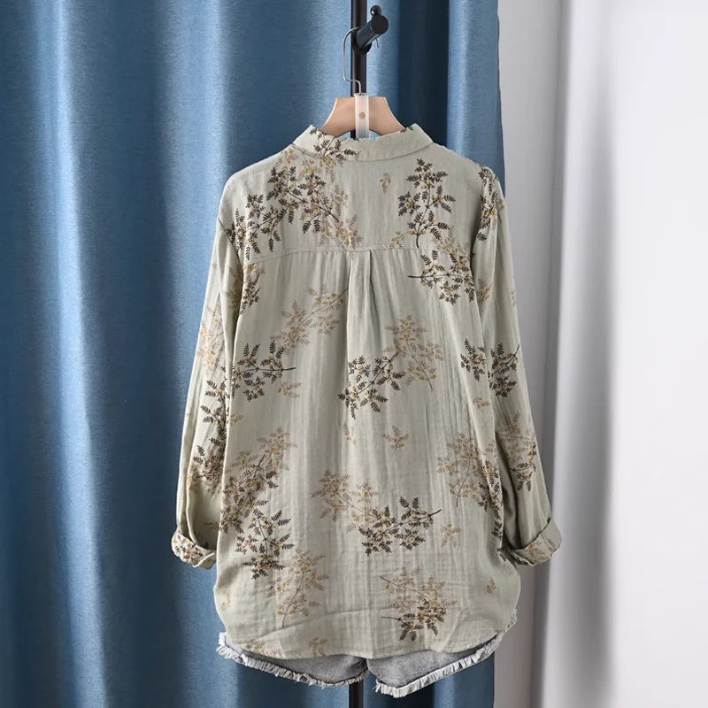 Middle Aged Women Clothing 100% Cotton Yarn Printed Shirts Long Sleeve Blouses for Women Spring Vintage Clothing