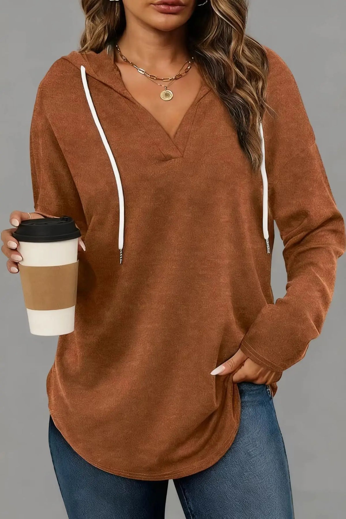 Women's Clothing European American Solid Color Drawstring Sweatshirts Loose Irregular Hoodies Top for Spring Autumn