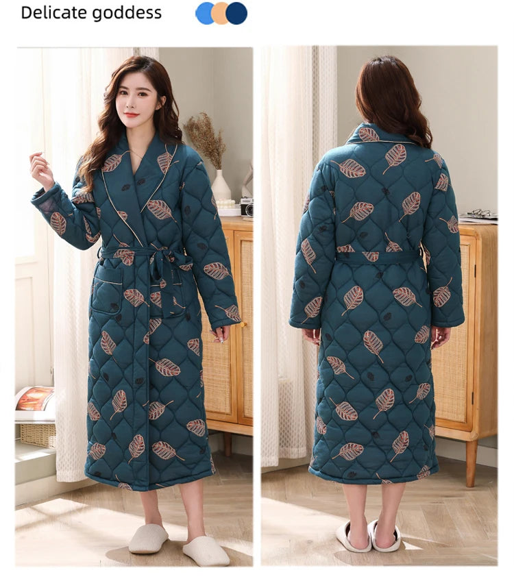 Peignoir Homme Women Robe Winter Warm Cotton Quilted Women's Bathrobe Nightgown Dressing Gown Sleepwear Female Home Clothing