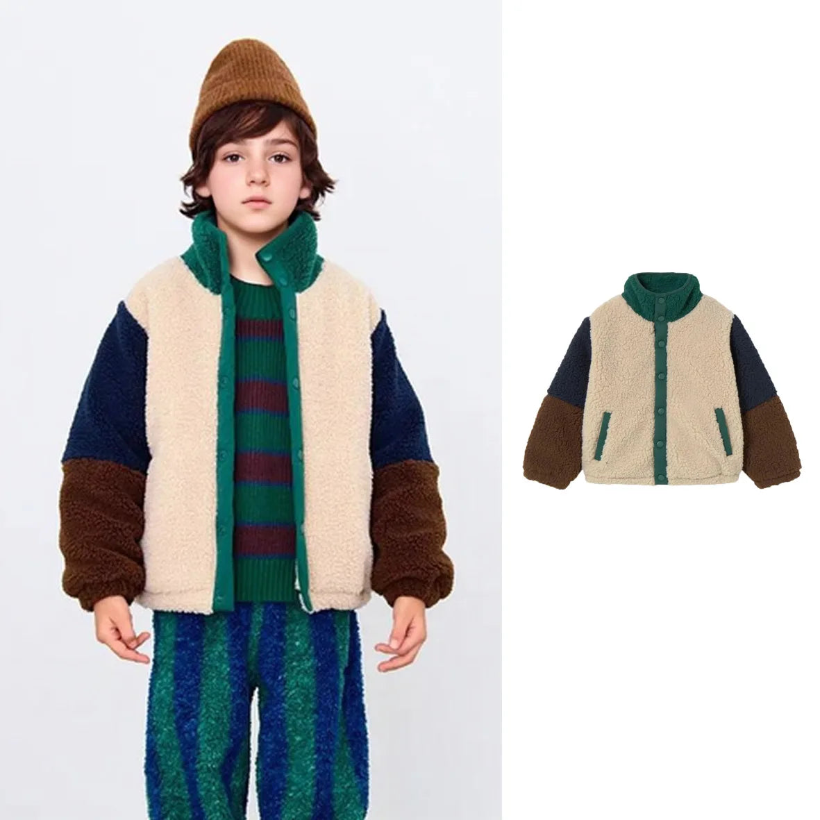 Children's Cotton Clothes 2026 Winter New Fashion Color Block Thickened And Velvet Warm Boys And Girls Cotton Clothes Jacket