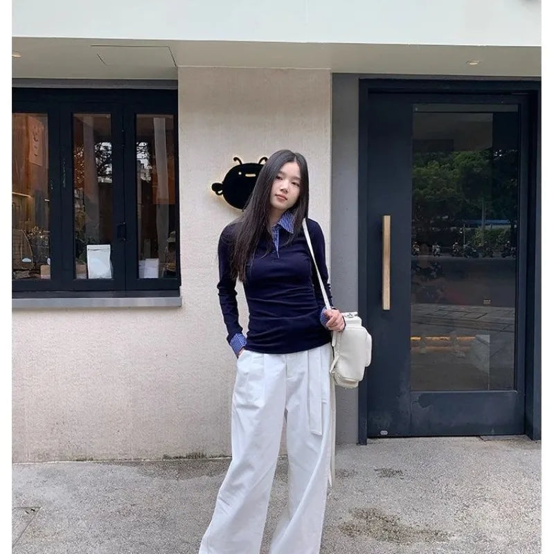 2026 Women Clothing Fake Two T Shirts Long Sleeve Tunic Camisetas Patchwork Plaid Fashion Tees Casual Korean Tshirt Ropa Mujer