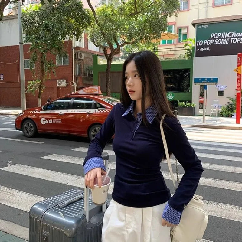 2026 Women Clothing Fake Two T Shirts Long Sleeve Tunic Camisetas Patchwork Plaid Fashion Tees Casual Korean Tshirt Ropa Mujer