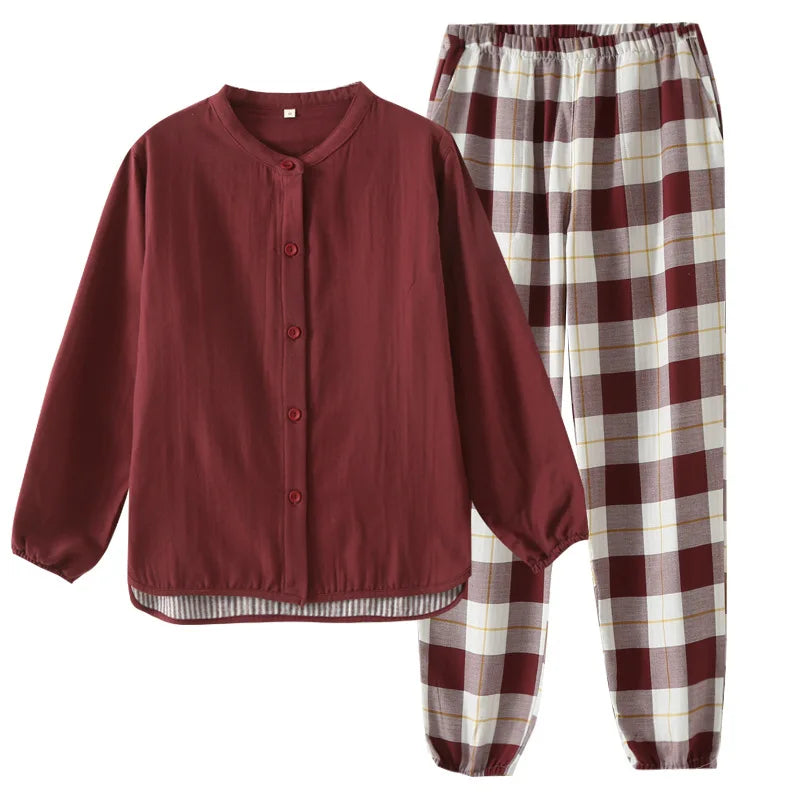 Women's 100% Cotton Double-layer Yarn Printed Home Clothing Spring Thin Standing Collar Pajama Set Long Sleeves Sleepwear 2 Pcs
