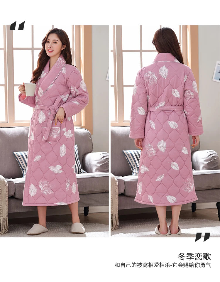 Peignoir Homme Women Robe Winter Warm Cotton Quilted Women's Bathrobe Nightgown Dressing Gown Sleepwear Female Home Clothing