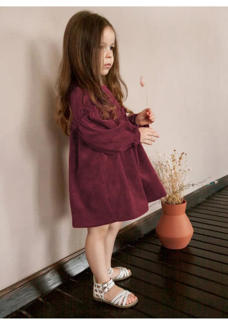Children Clothing 2025 Autumn and Winter New Corduroy Long Sleeved Girls Baby Round Neck Lace Sleeves Cute Dress