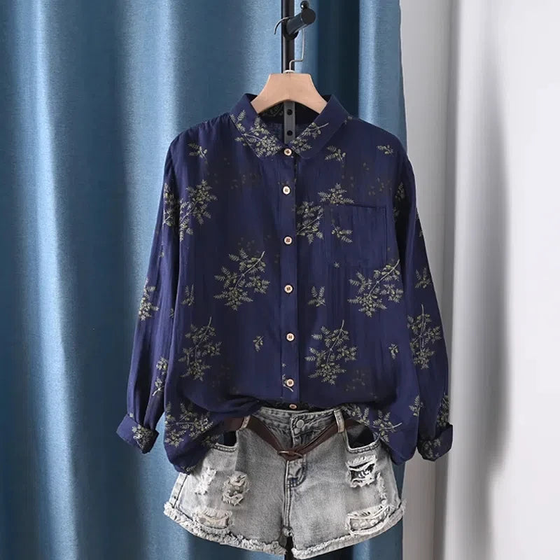Middle Aged Women Clothing 100% Cotton Yarn Printed Shirts Long Sleeve Blouses for Women Spring Vintage Clothing