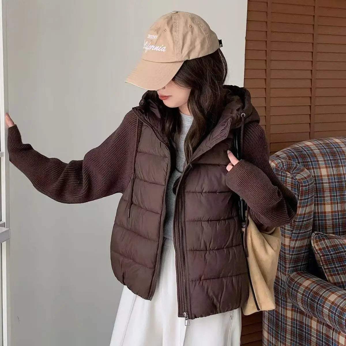 Women's Clothing Knitted Splicing Down Cotton Coat Warm Versatile Short New Winter
