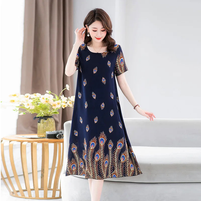 New Summer Home Clothing For Middle-aged Mothers Short Sleeve Sleepwear Dress Cotton Rayon Long Nightdress Women Nightgowns 5XL