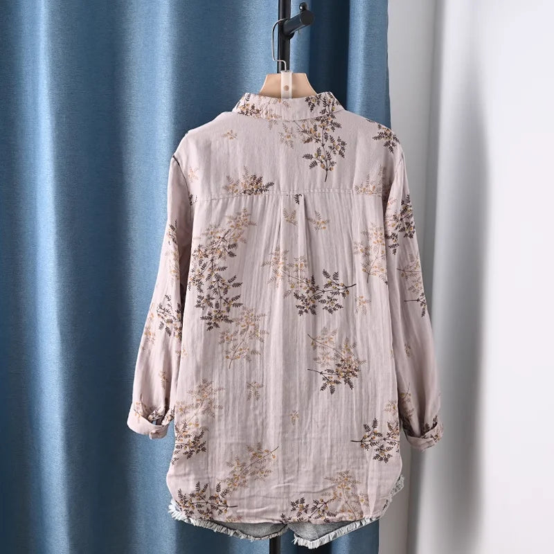 Middle Aged Women Clothing 100% Cotton Yarn Printed Shirts Long Sleeve Blouses for Women Spring Vintage Clothing