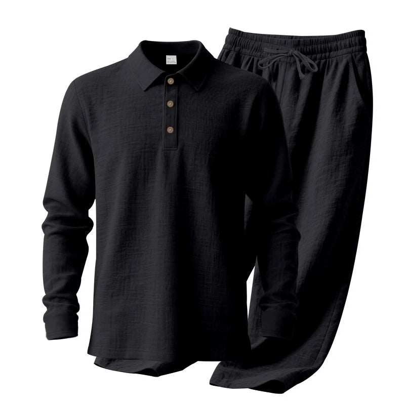 Men's Clothing Set Linen Two-Piece Set: Long-Sleeve Polo Shirt and Straight-Leg Pants Set, Casual Beach Sportswear