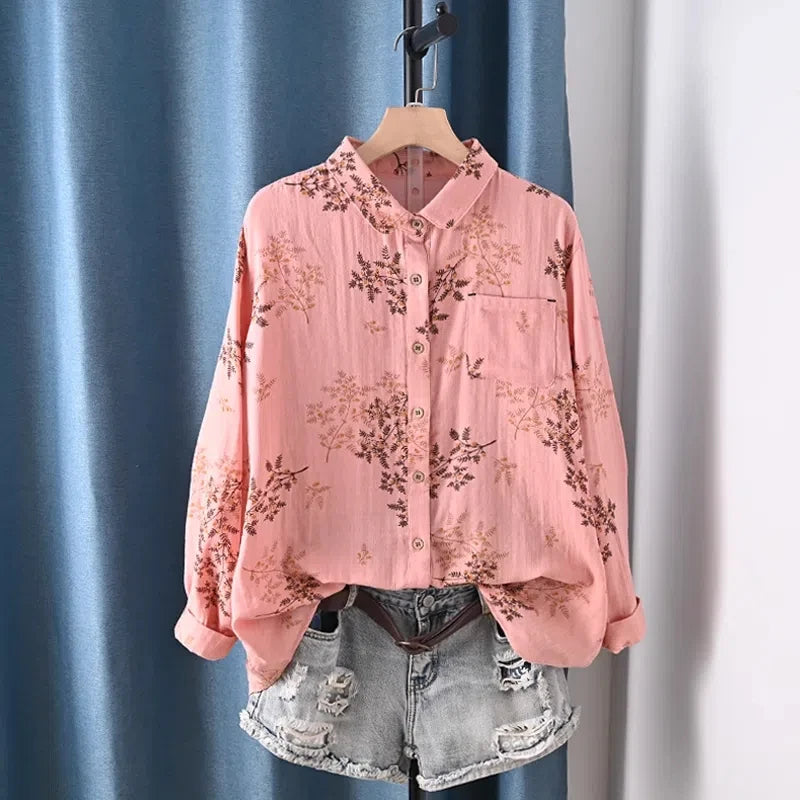 Middle Aged Women Clothing 100% Cotton Yarn Printed Shirts Long Sleeve Blouses for Women Spring Vintage Clothing