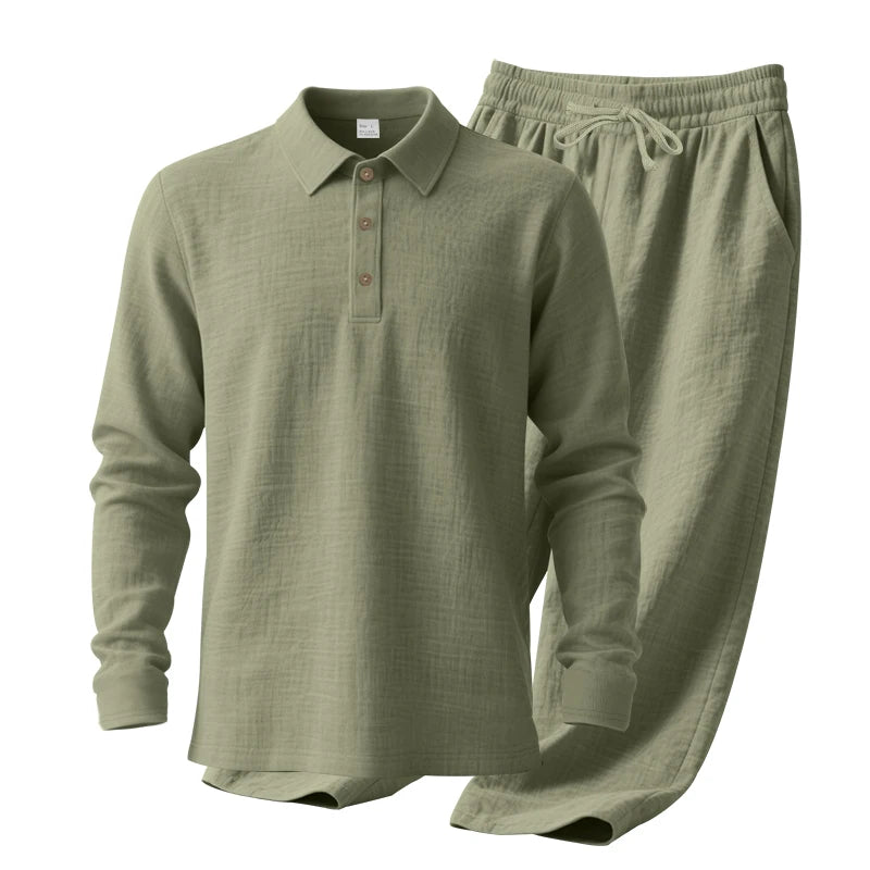 Men's Clothing Set Linen Two-Piece Set: Long-Sleeve Polo Shirt and Straight-Leg Pants Set, Casual Beach Sportswear