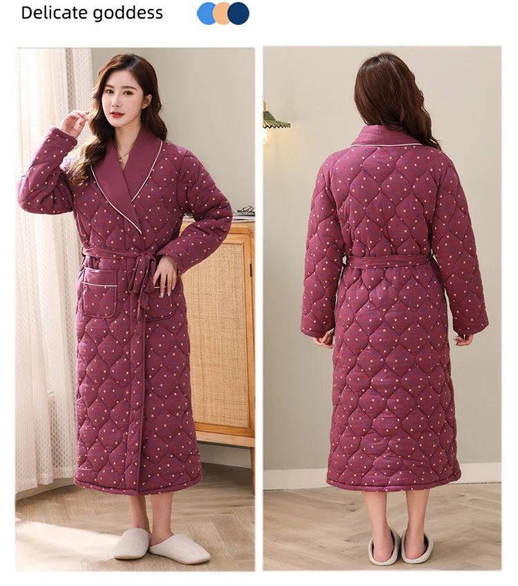 Peignoir Homme Women Robe Winter Warm Cotton Quilted Women's Bathrobe Nightgown Dressing Gown Sleepwear Female Home Clothing
