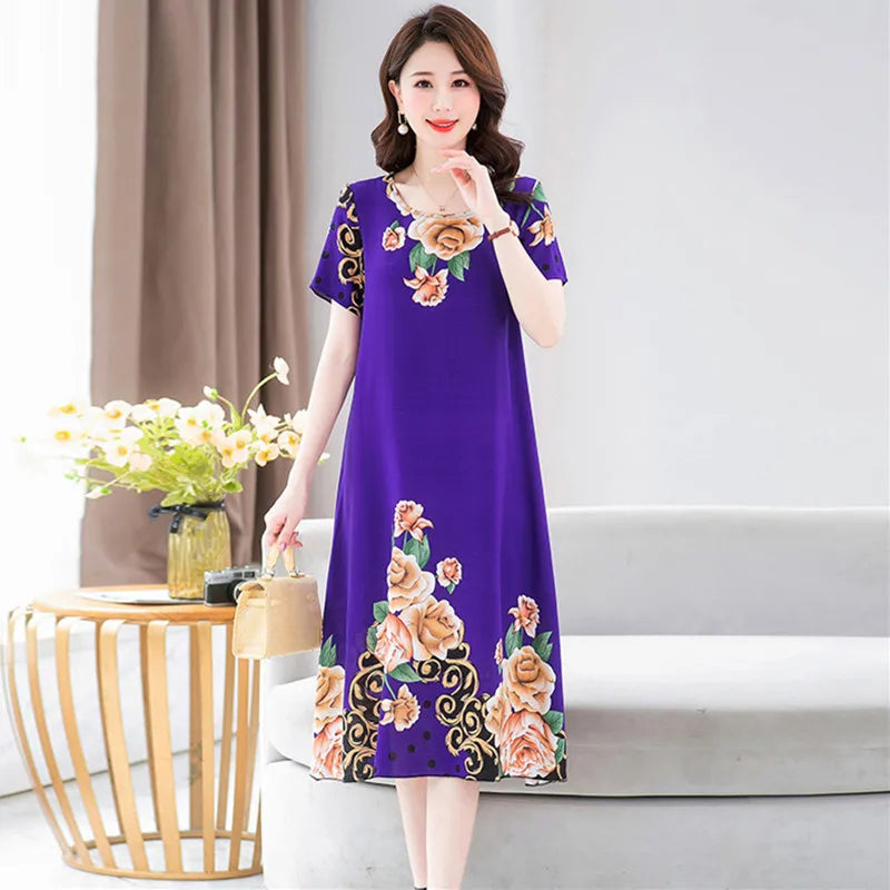 New Summer Home Clothing For Middle-aged Mothers Short Sleeve Sleepwear Dress Cotton Rayon Long Nightdress Women Nightgowns 5XL