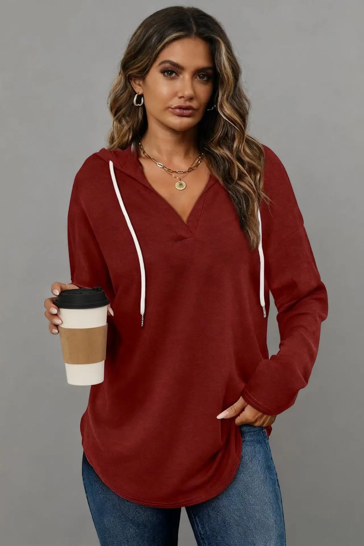 Women's Clothing European American Solid Color Drawstring Sweatshirts Loose Irregular Hoodies Top for Spring Autumn